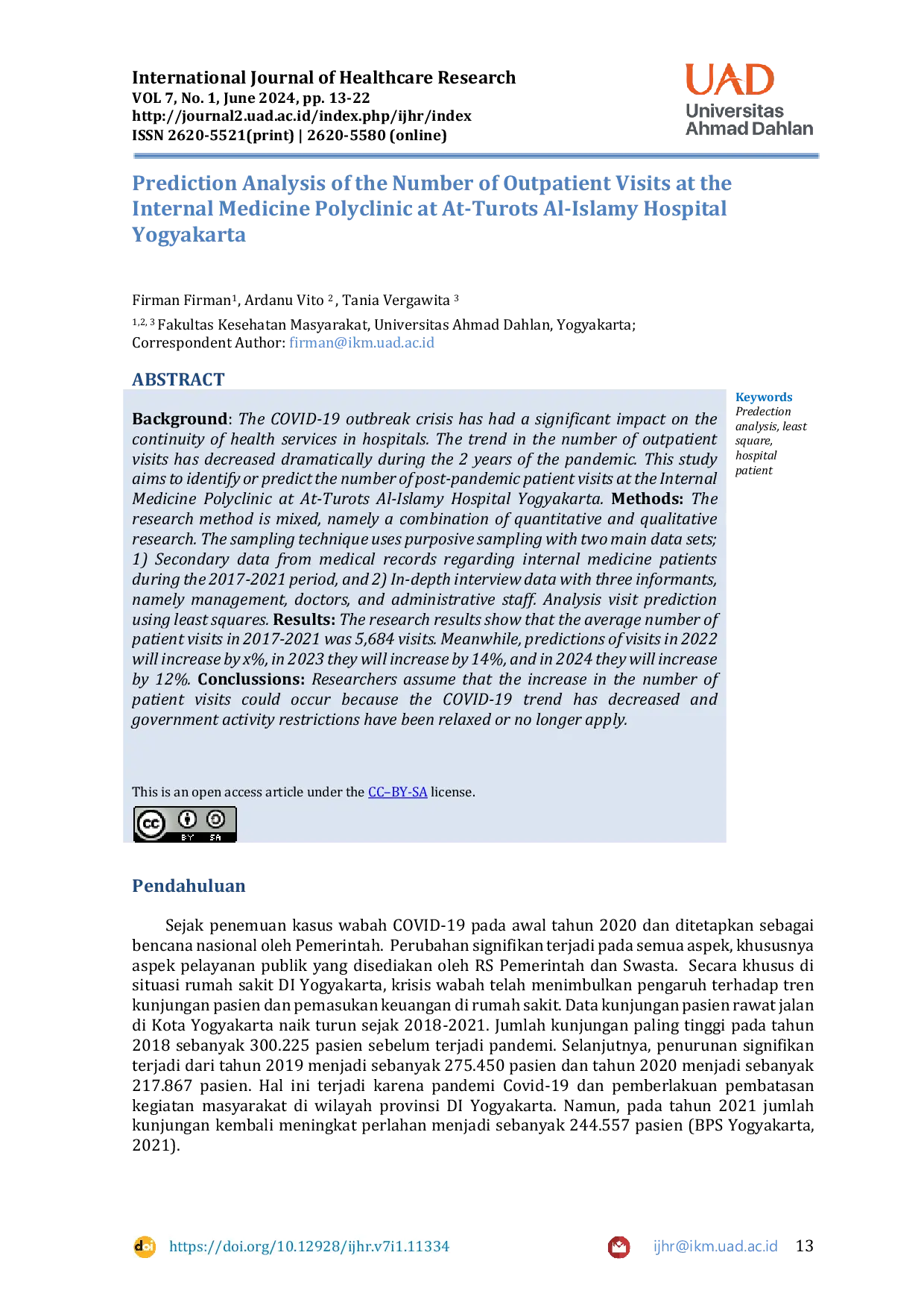 JURIS Prediction Analysis of the Number of Outpatient Visits at the Internal Medicine Polyclinic at At Turots Al Islamy Hospital Yogyakarta