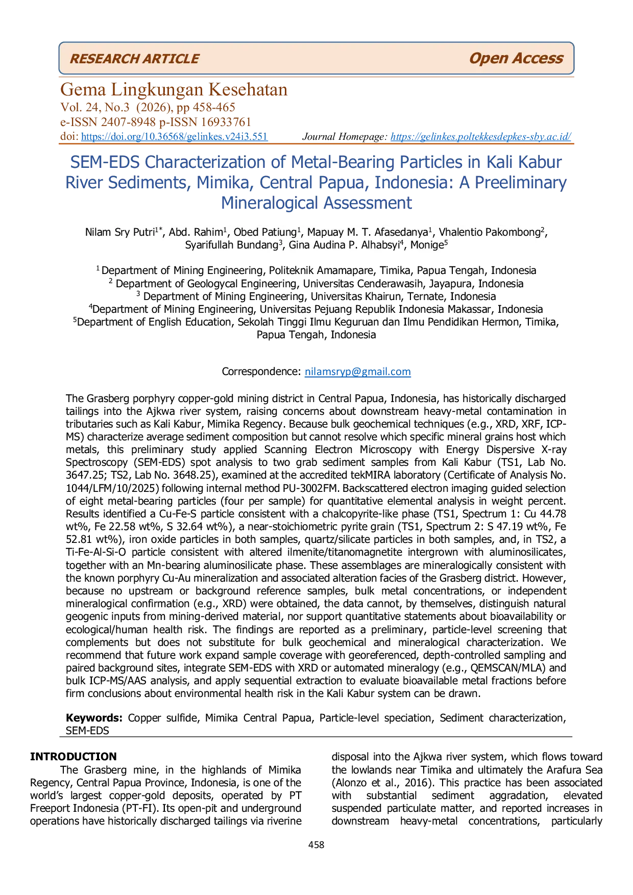 JURIS SEM EDS Characterization of Metal Bearing Particles in Kali Kabur River Sediments Mimika Central Papua Indonesia A Preeliminary Mineralogical Assessment