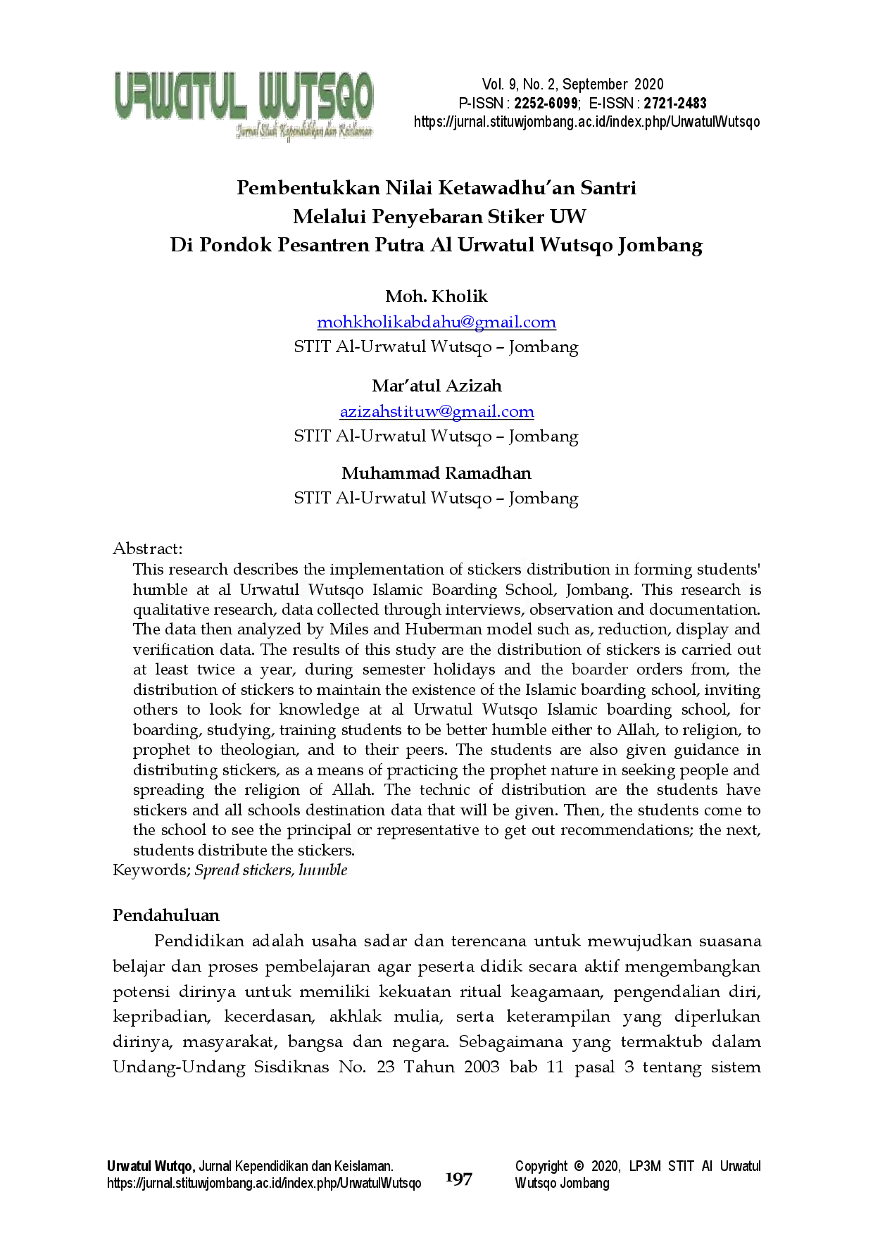 juris Pembentukkan Nilai Ketawadhu an Santri Melalui Penyebaran Stiker UW