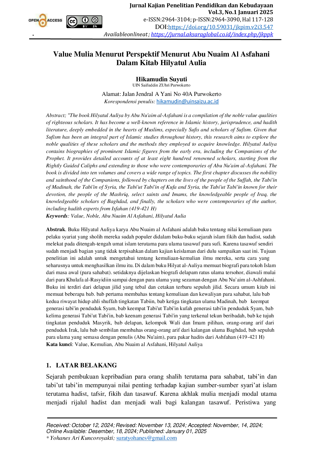 JURIS Value Mulia Menurut Perspektif Menurut Abu Nuaim Al Asfahani Dalam Kitab Hilyatul Aulia