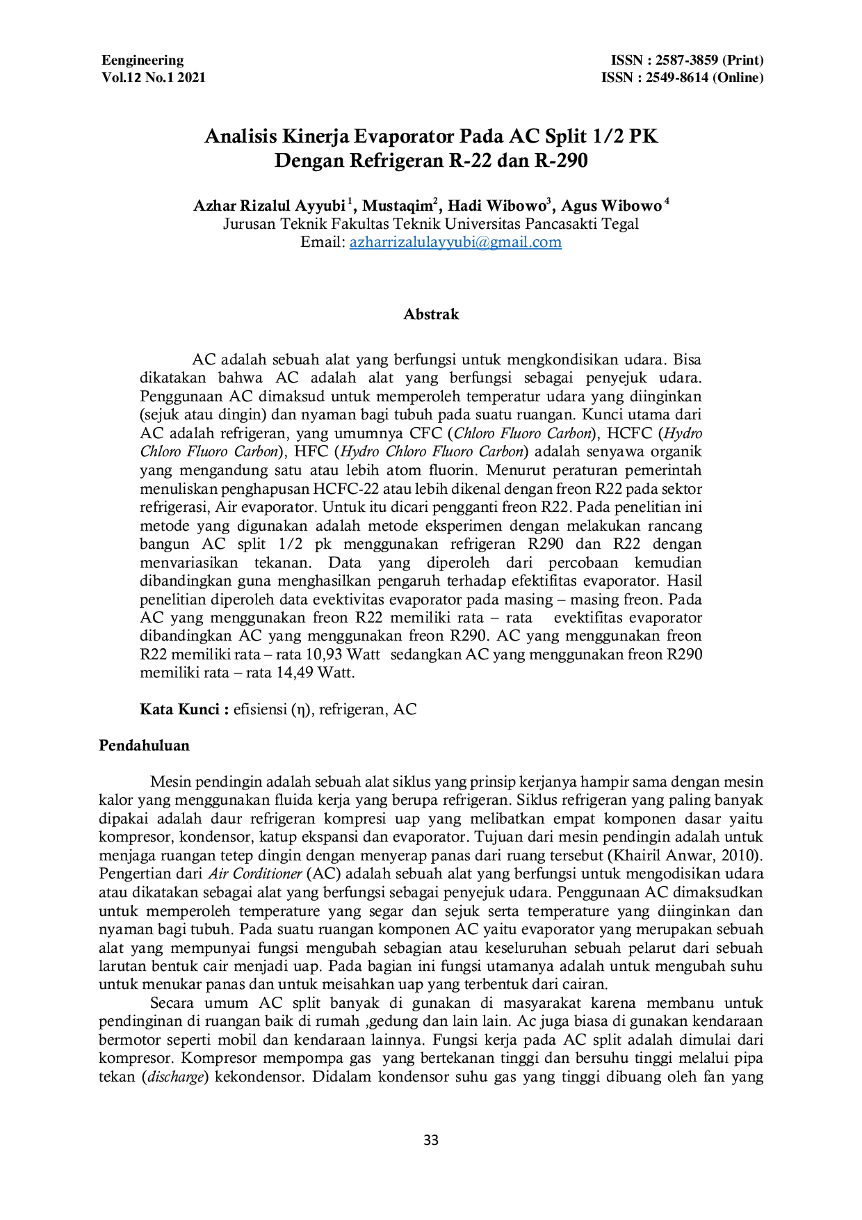 JURIS Analisis Kinerja Evaporator Pada AC Split 1 2 PK Dengan Refrigeran R 22 dan R 290