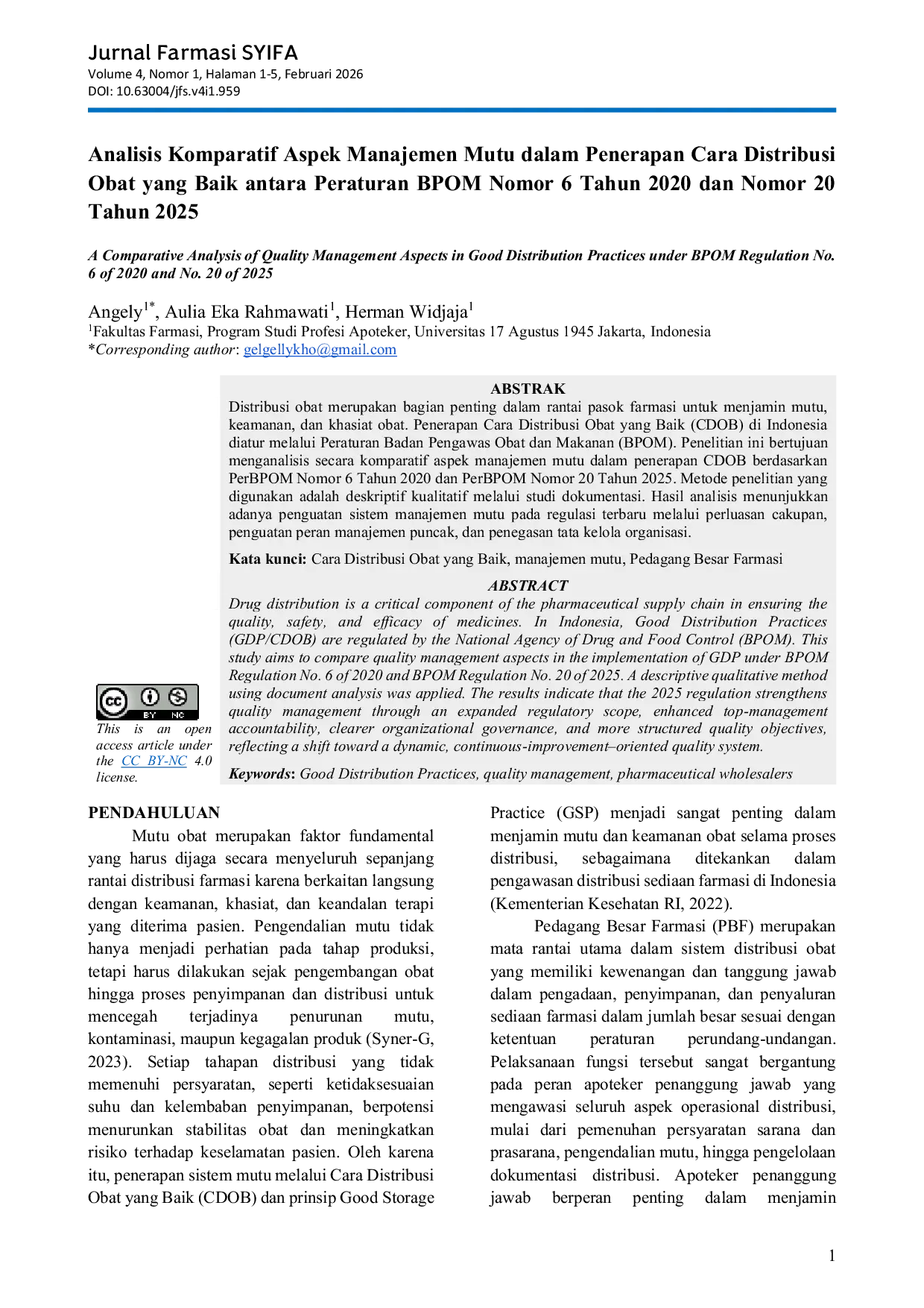JURIS Analisis Komparatif Aspek Manajemen Mutu dalam Penerapan Cara Distribusi Obat yang Baik antara Peraturan BPOM Nomor 6 Tahun 2020 dan Nomor 20 Tahun 2025