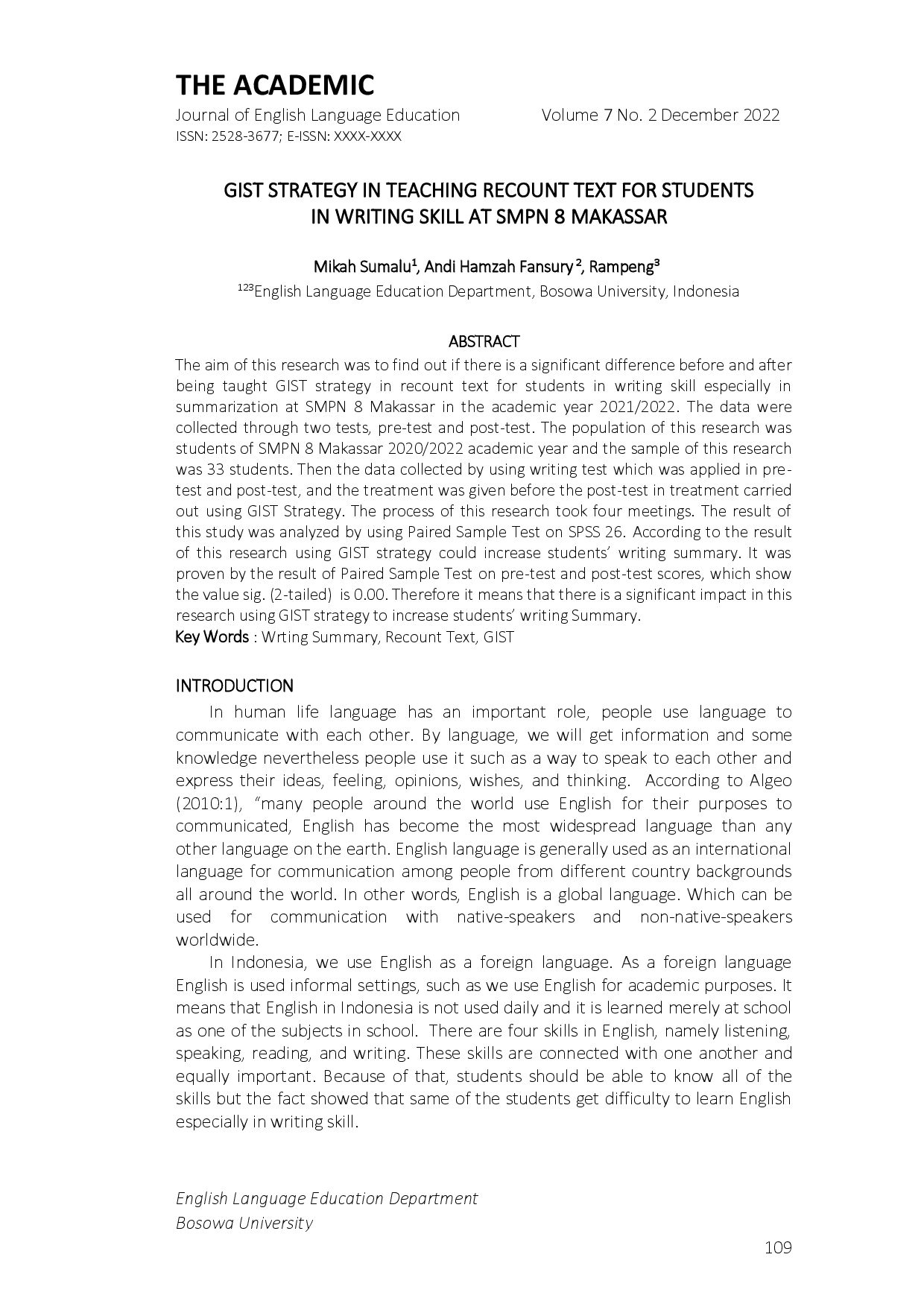 juris Gist Strategy in Teaching Recount Text for Students in Writing Skill at SMPN 8 Makassar