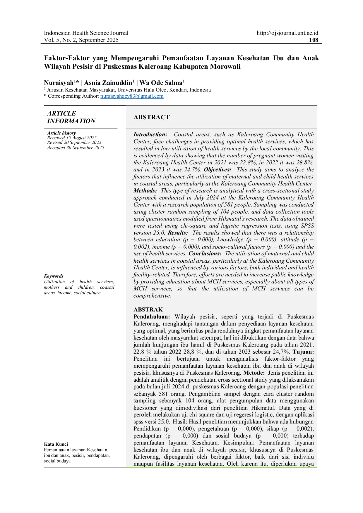 JURIS Faktor Faktor yang Mempengaruhi Pemanfaatan Layanan Kesehatan Ibu dan Anak Wilayah Pesisir di Puskesmas Kaleroang Kabupaten Morowali