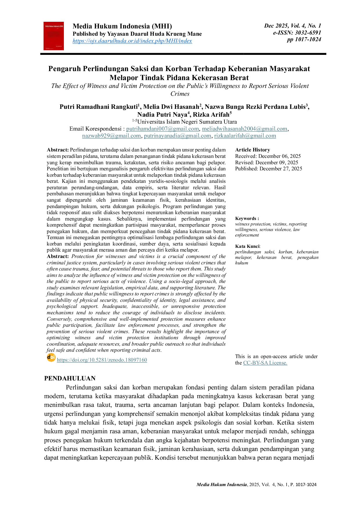 JURIS Pengaruh Perlindungan Saksi dan Korban Terhadap Keberanian Masyarakat Melapor Tindak Pidana Kekerasan Berat