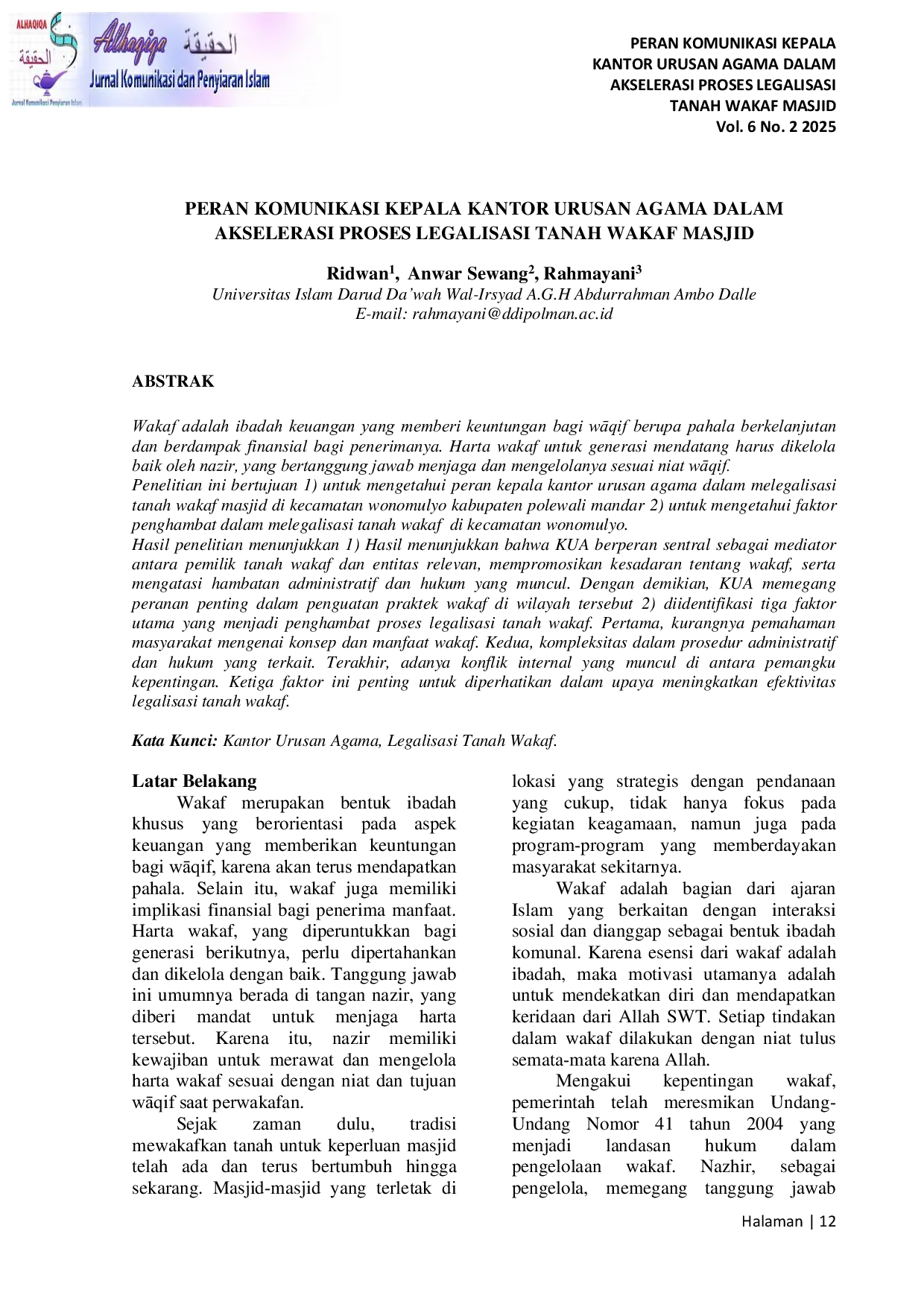 JURIS Peran Komunikasi Kepala Kantor Urusan Agama Dalam Akselerasi Proses Legalisasi Tanah Wakaf Masjid