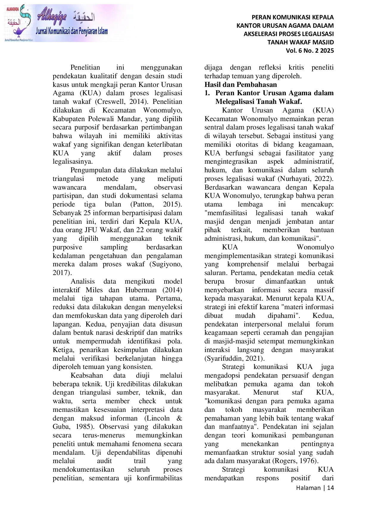 JURIS Peran Komunikasi Kepala Kantor Urusan Agama Dalam Akselerasi Proses Legalisasi Tanah Wakaf Masjid