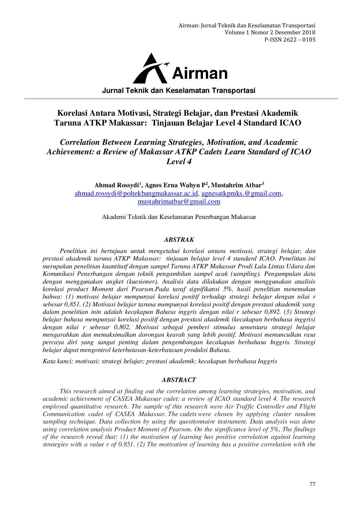 JURIS Correlation between Learning Strategies Motivation and Academic Achievement a Review of Makassar ATKP Cadets Learn Standard of ICAO level 4