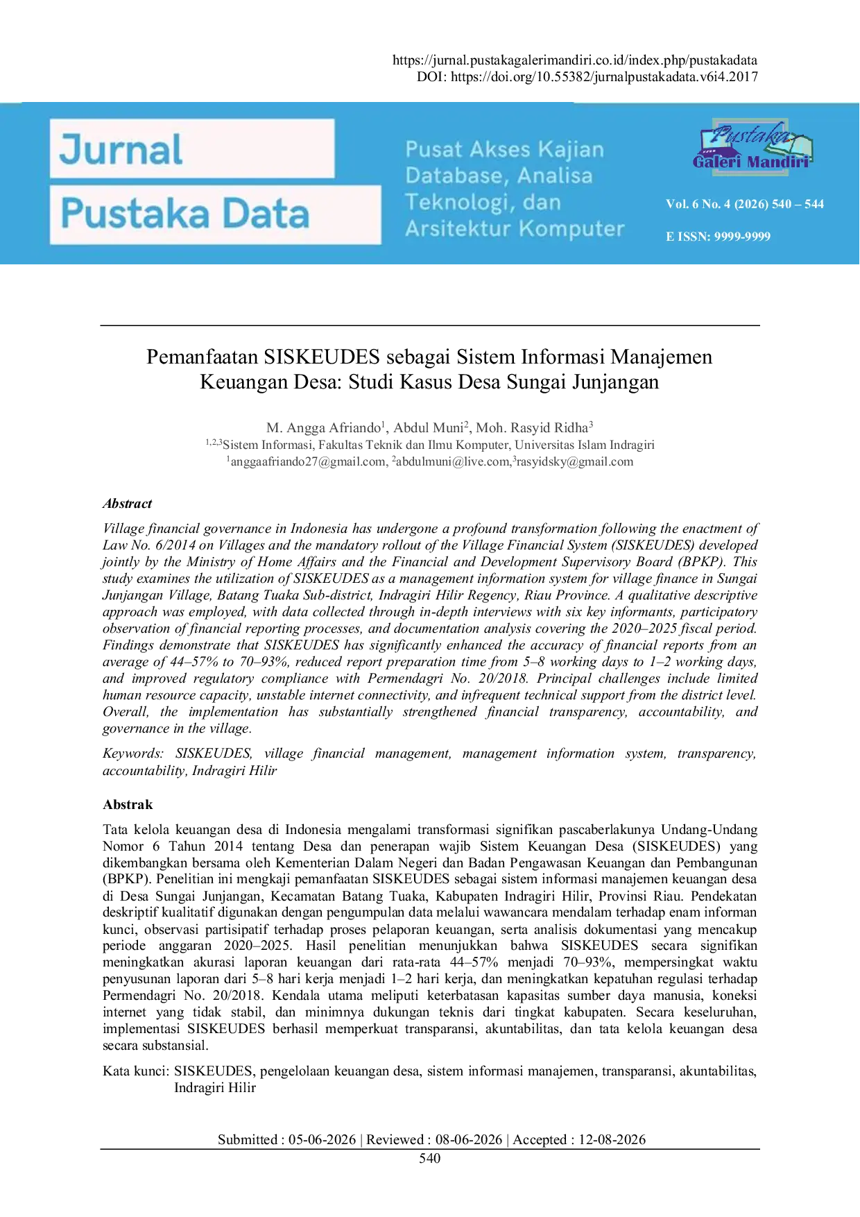 JURIS Pemanfaatan SISKEUDES sebagai Sistem Informasi Manajemen Keuangan Desa Studi Kasus Desa Sungai Junjangan