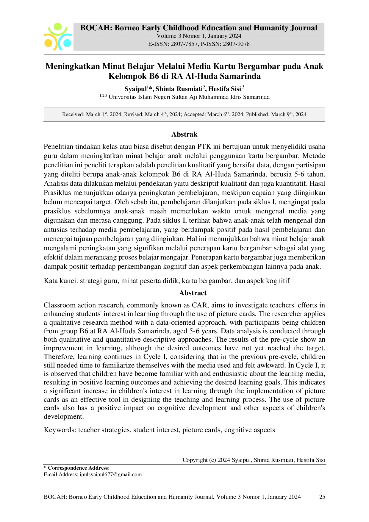 JURIS Meningkatkan Minat Belajar Melalui Media Kartu Bergambar Pada Anak Kelompok B6 Di Ra Al Huda Samarinda