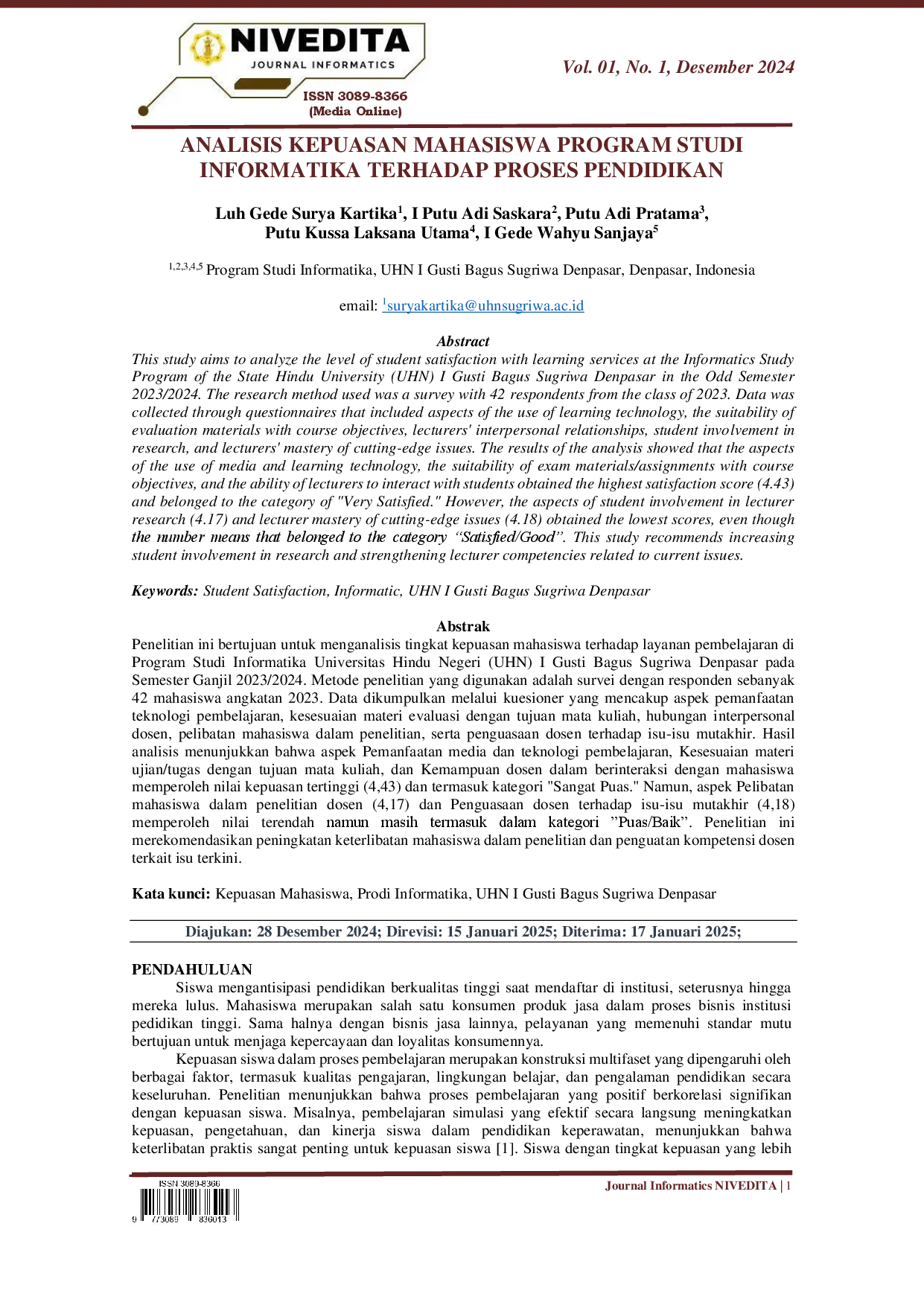 juris Analisis Kepuasan Mahasiswa Program Studi Informatika Terhadap Proses Pendidikan