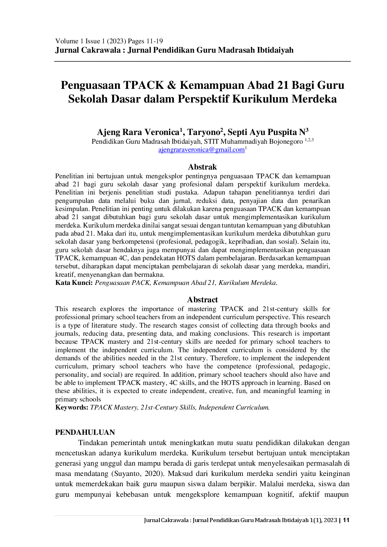 juris Penguasaan TPACK Kemampuan Abad 21 Bagi GuruSekolah Dasar dalam Perspektif Kurikulum Merdeka