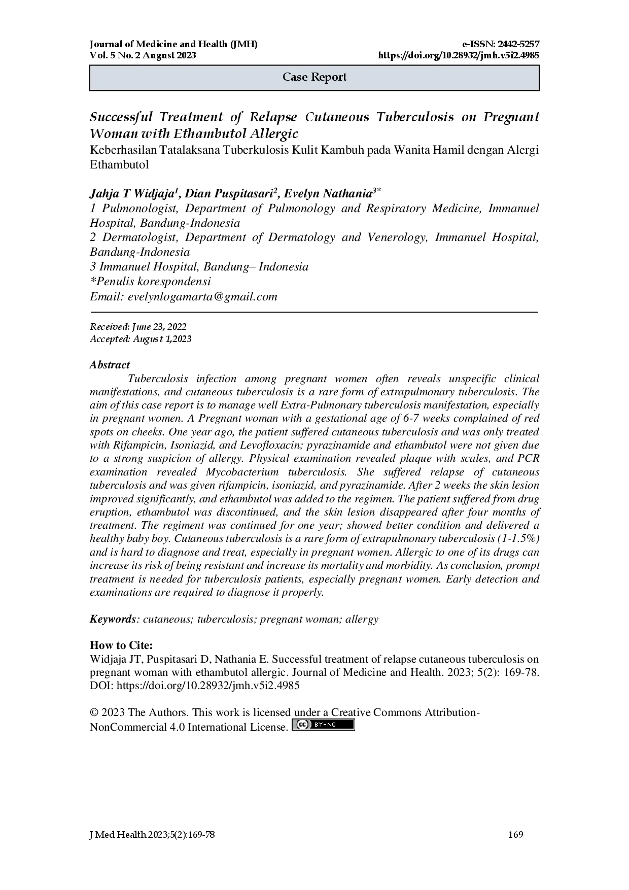 juris Successful Treatment of Relapse Cutaneous Tuberculosis on Pregnant Woman with Ethambutol Allergic