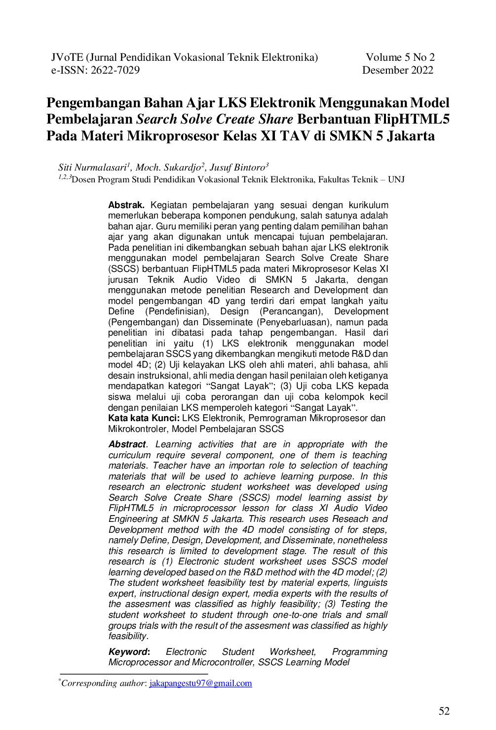 JURIS Pengembangan Bahan Ajar LKS Elektronik Menggunakan Model Pembelajaran Search Solve Create Share Berbantuan FlipHTML5 Pada Materi Mikroprosesor Kelas XI TAV di SMKN 5 Jakarta