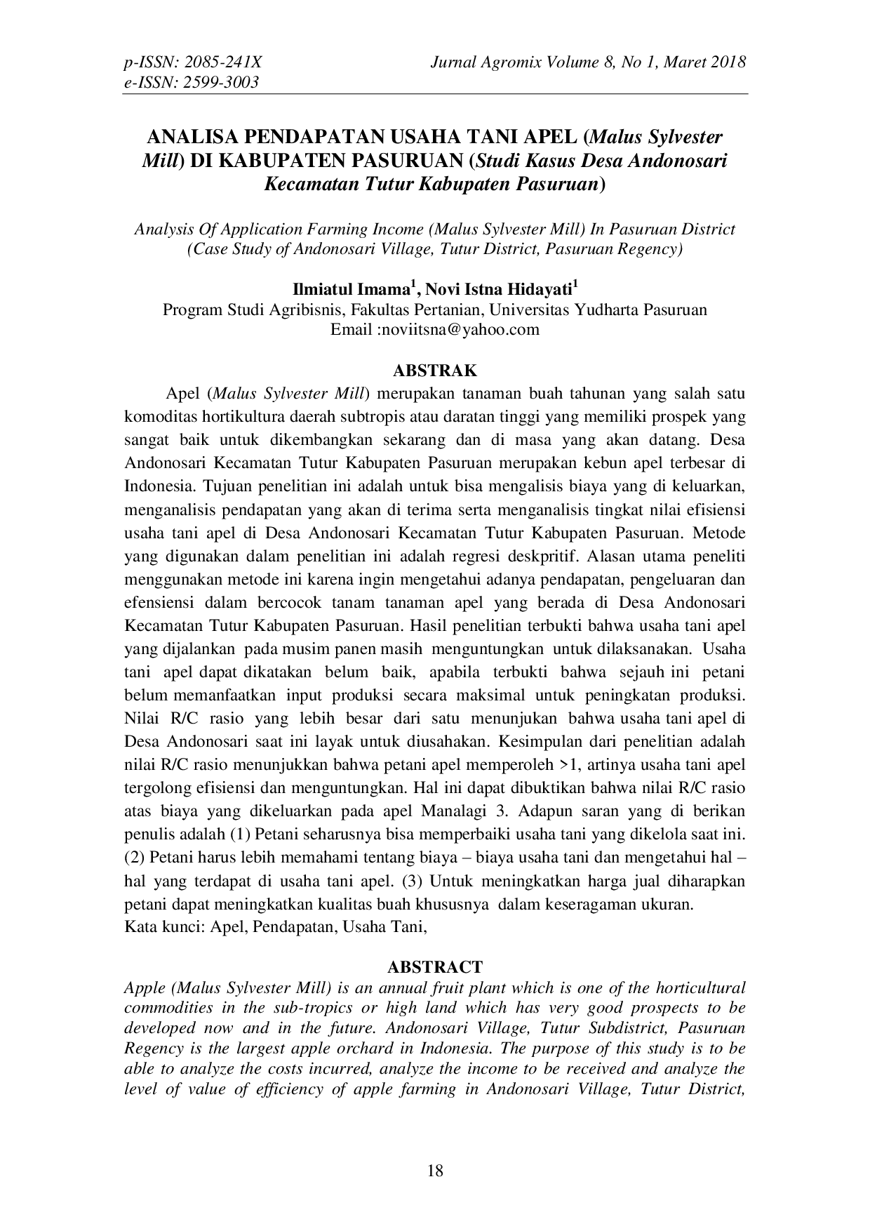 JURIS ANALISA PENDAPATAN USAHA TANI APEL Malus Sylvester Mill DI KABUPATEN PASURUAN Studi Kasus Desa Andonosari Kecamatan Tutur Kabupaten Pasuruan