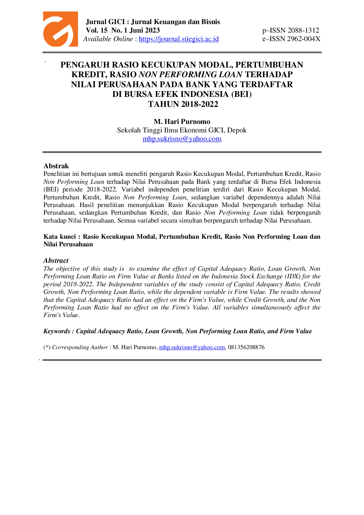 JURIS Pengaruh Rasio Kecukupan Modal Pertumbuhan Kredit Rasio Non Performing Loan Terhadap Nilai Perusahaan Pada Bank Yang Terdaftar Di Bursa Efek Indonesia Bei Tahun 2018 2022