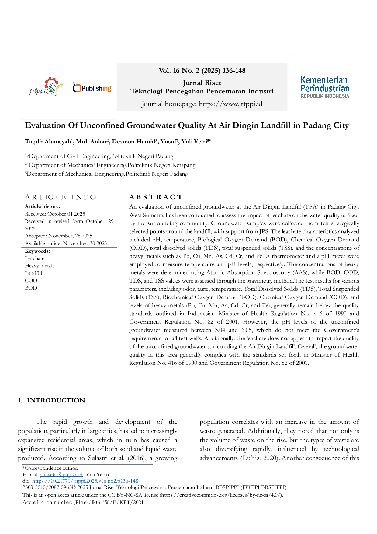 JURIS Evaluation Of Unconfined Groundwater Quality At Air Dingin Landfill in Padang City