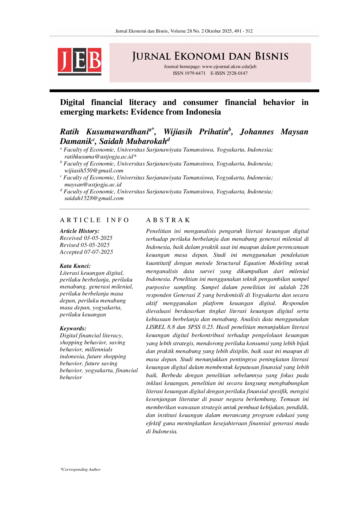 JURIS Digital financial literacy and consumer financial behavior in emerging markets Evidence from Indonesia