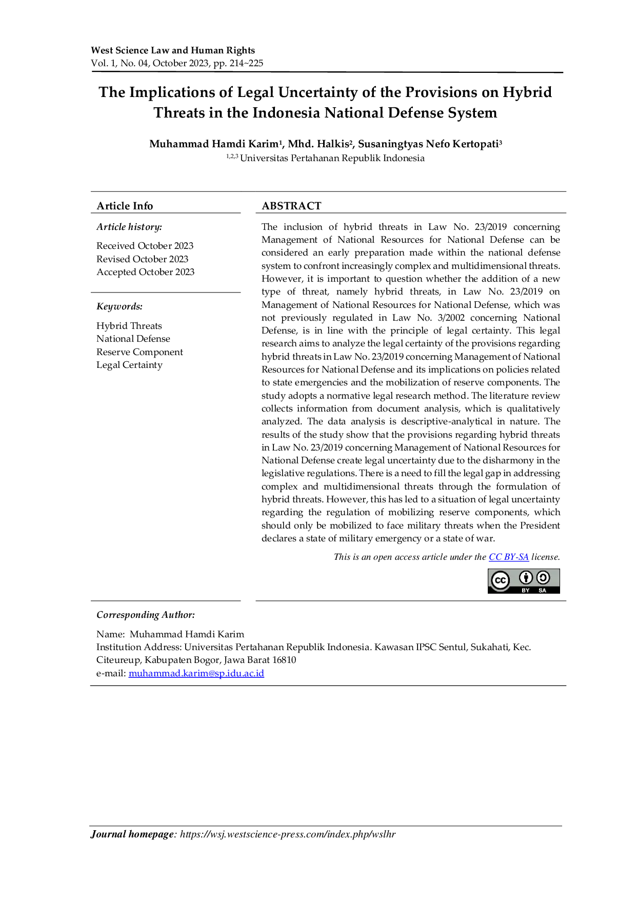 JURIS The Implications of Legal Uncertainty of the Provisions on Hybrid Threats in the Indonesia National Defense System