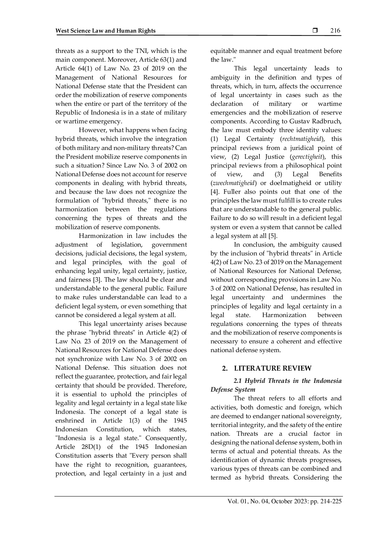 JURIS The Implications of Legal Uncertainty of the Provisions on Hybrid Threats in the Indonesia National Defense System