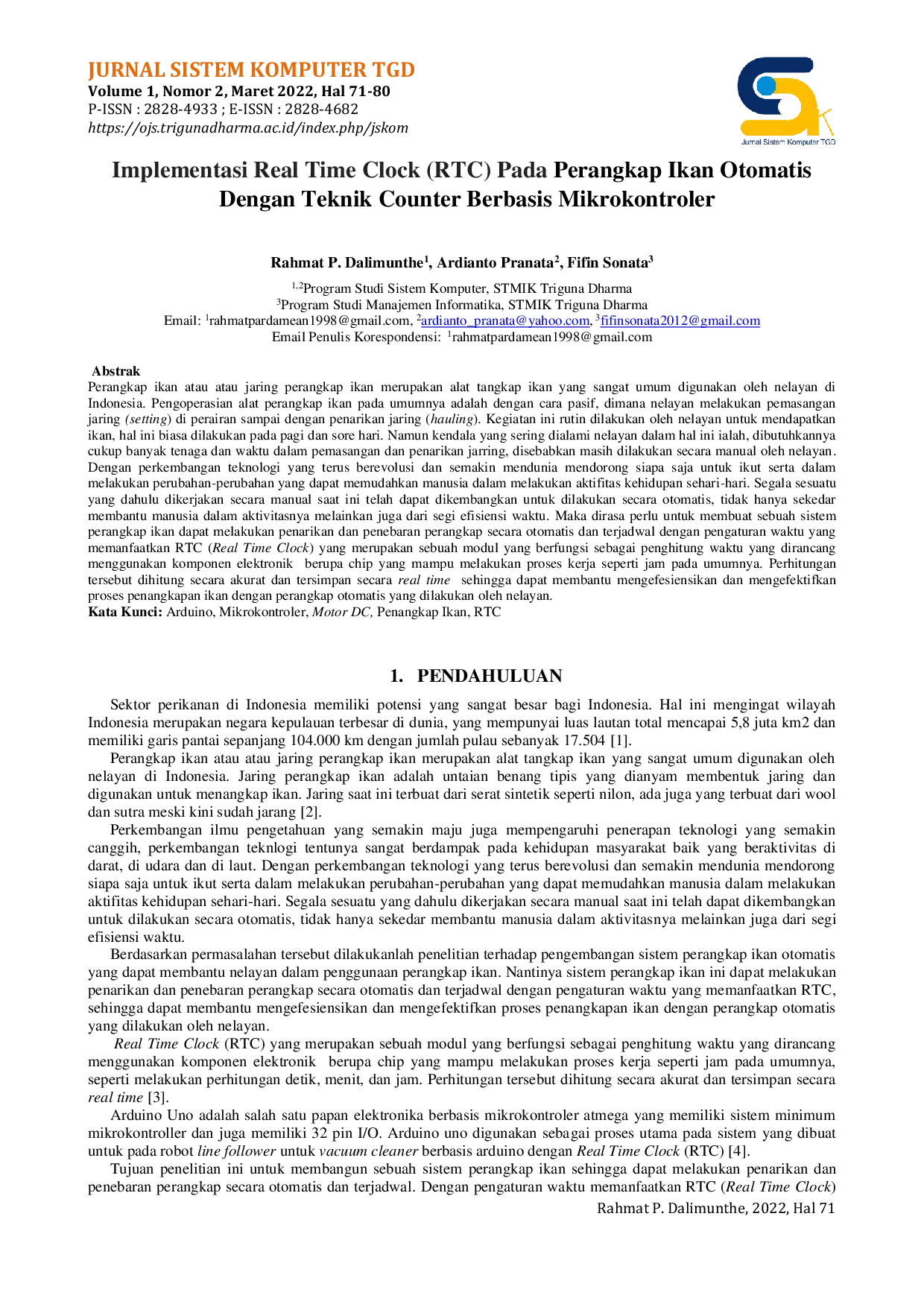 JURIS Implementasi Real Time Clock RTC Pada Perangkap Ikan Otomatis Dengan Teknik Counter Berbasis Mikrokontroler