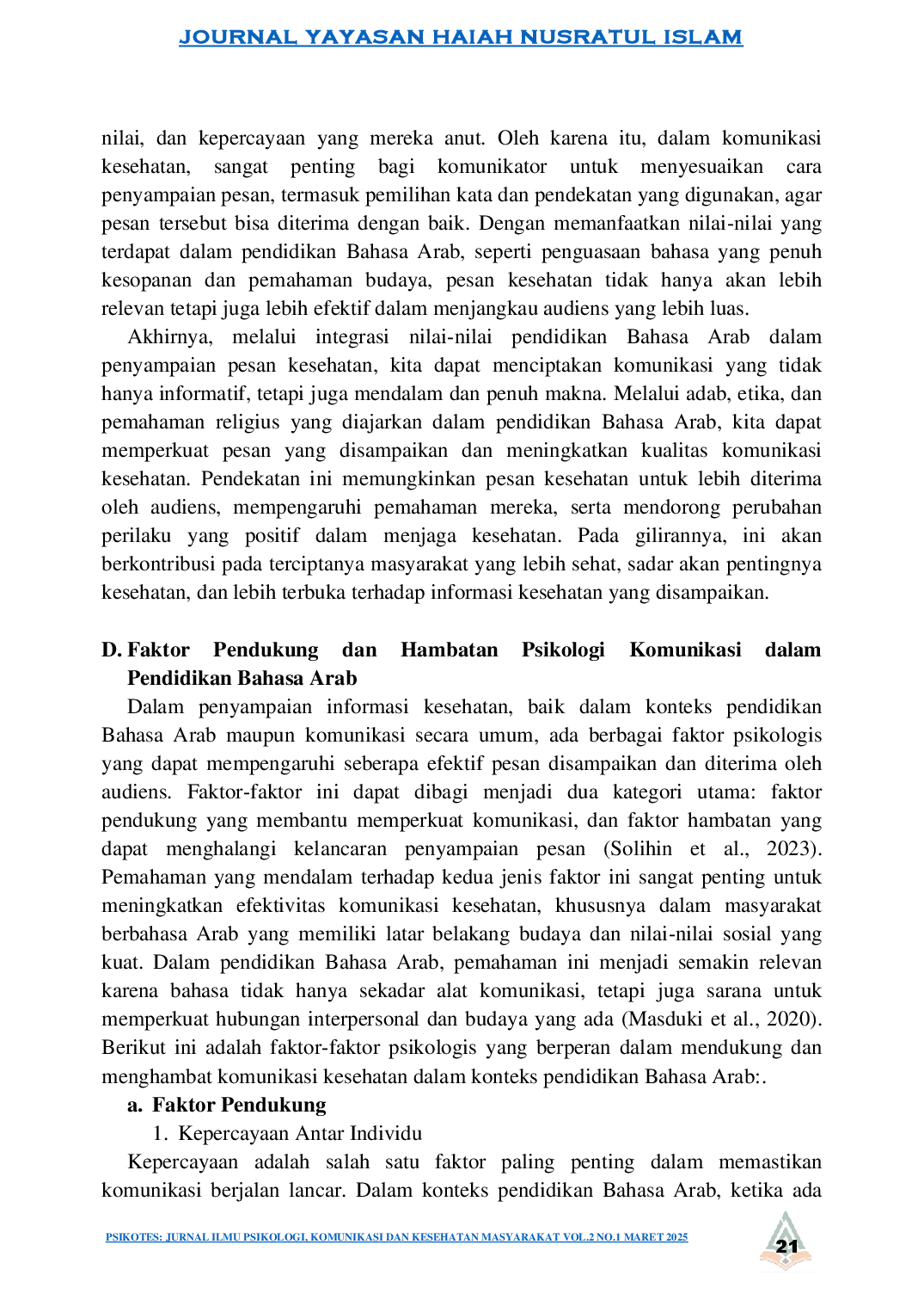 juris Psikologi Komunikasi Dalam Penyampaian Informasi Kesehatan Melalui Perspektif Pendidikan Bahasa Arab
