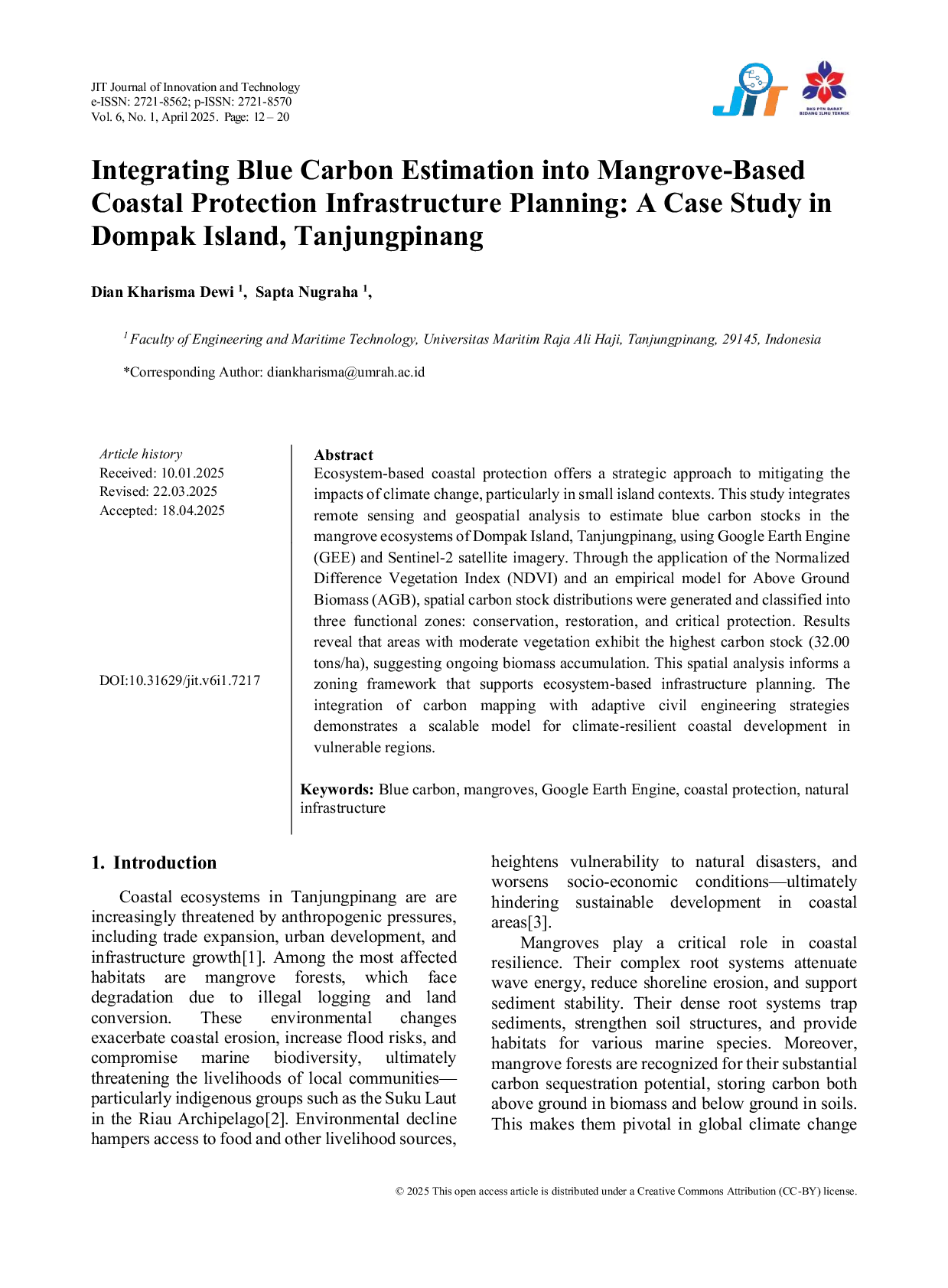 JURIS Integrating Blue Carbon Estimation into Mangrove Based Coastal Protection Infrastructure Planning A Case Study in Dompak Island Tanjungpinang