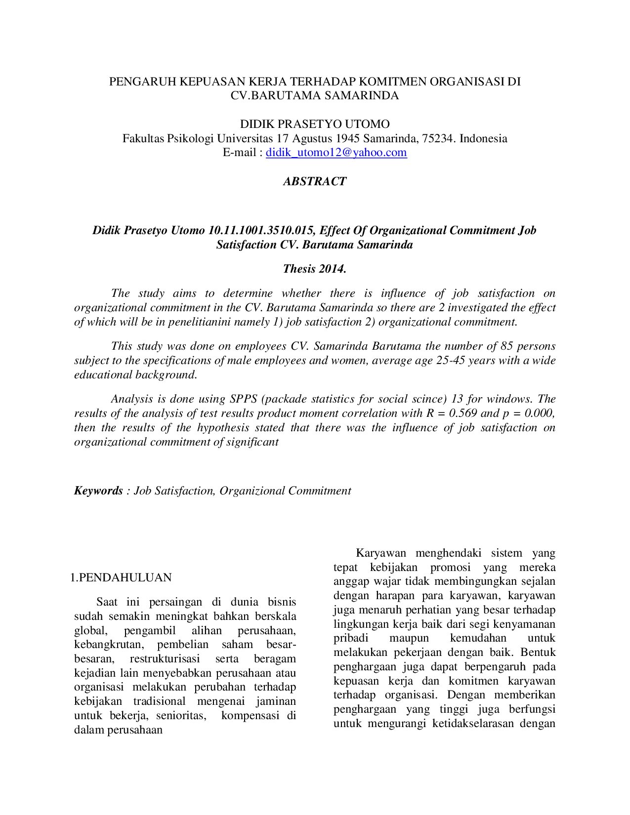 JURIS Pengaruh Kepuasan Kerja Terhadap Komitmen Organisasi Di Cv Barutama Samarinda