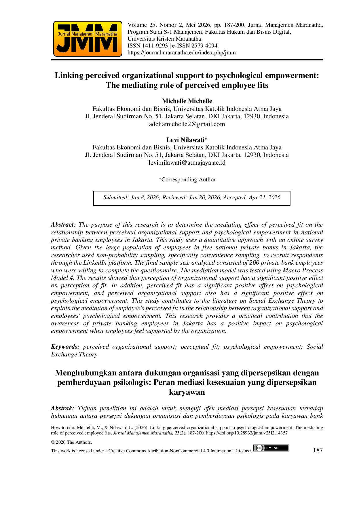 JURIS Linking perceived organizational support to psychological empowerment The mediating role of perceived employee fits
