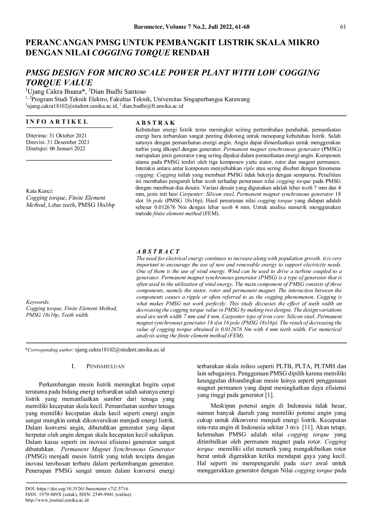 JURIS Perancangan Pmsg Untuk Pembangkit Listrik Skala Mikro Dengan Nilai Cogging Torque Rendah