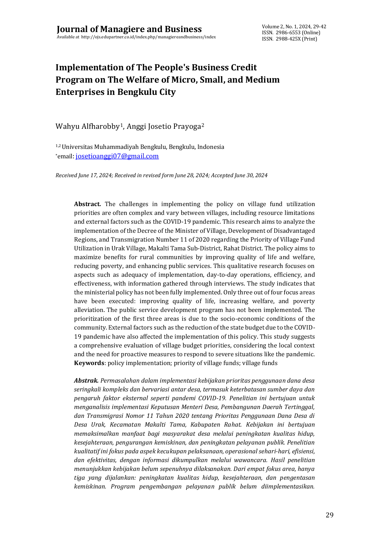 JURIS Implementation of The People s Business Credit Program on The Welfare of Micro Small and Medium Enterprises in Bengkulu City