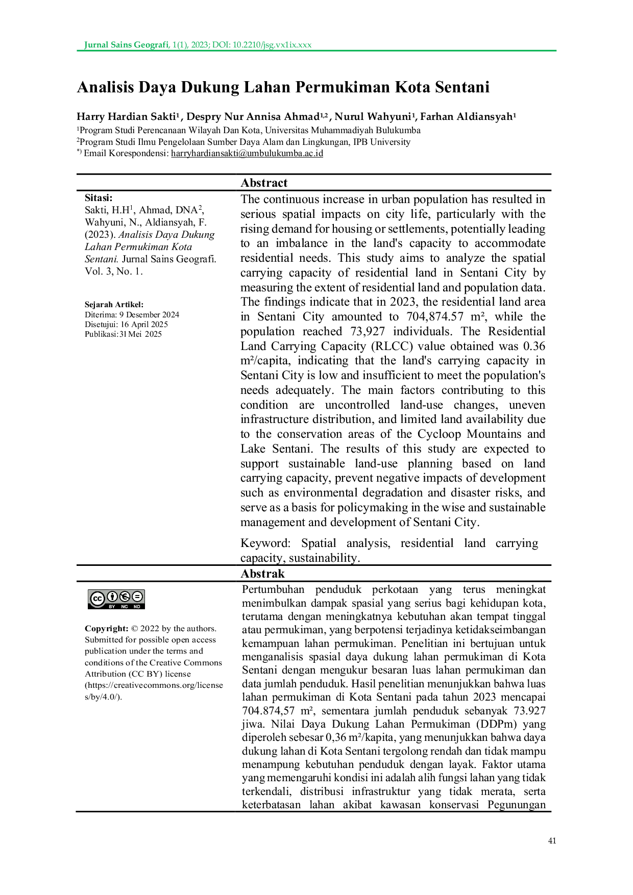 JURIS Analisis Spasial Daya Dukung Lahan Permukiman Di Kota Sentani