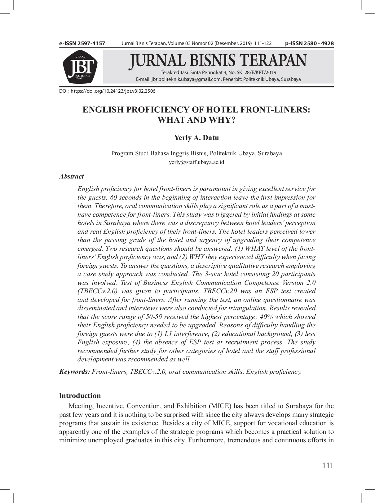 JURIS ENGLISH PROFICIENCY OF HOTEL FRONT LINERS WHAT AND WHY