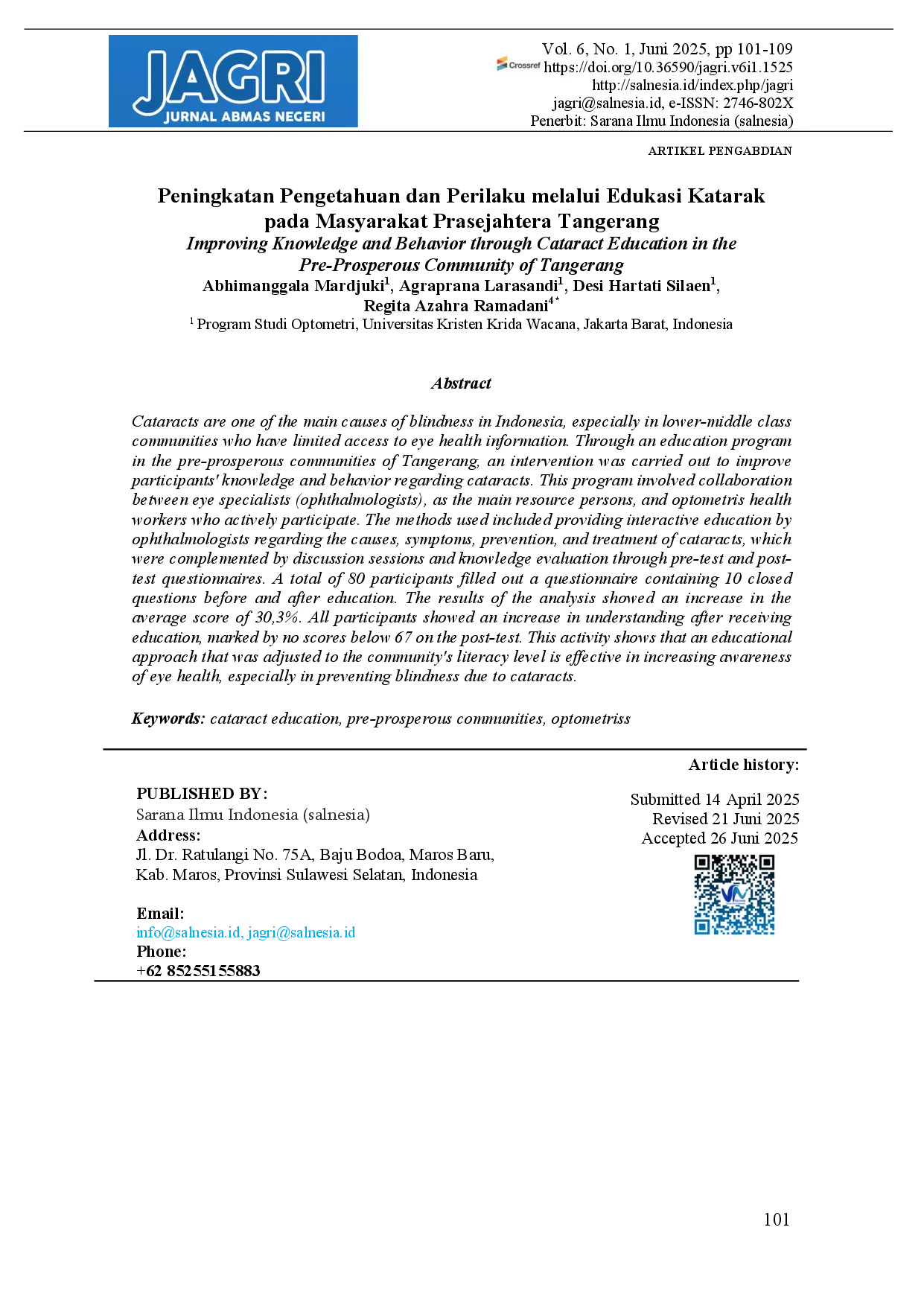 juris Improving Knowledge and Behavior through Cataract Education in the Pre Prosperous Community of Tangerang