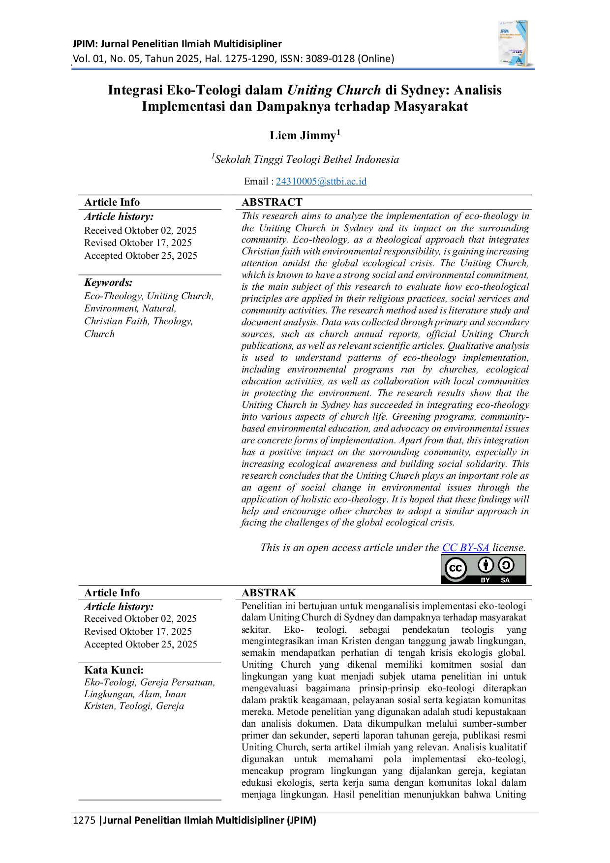 JURIS Integrasi Eko Teologi Dalam Uniting Church Di Sydney Analisis Implementasi Dan Dampaknya Terhadap Masyarakat