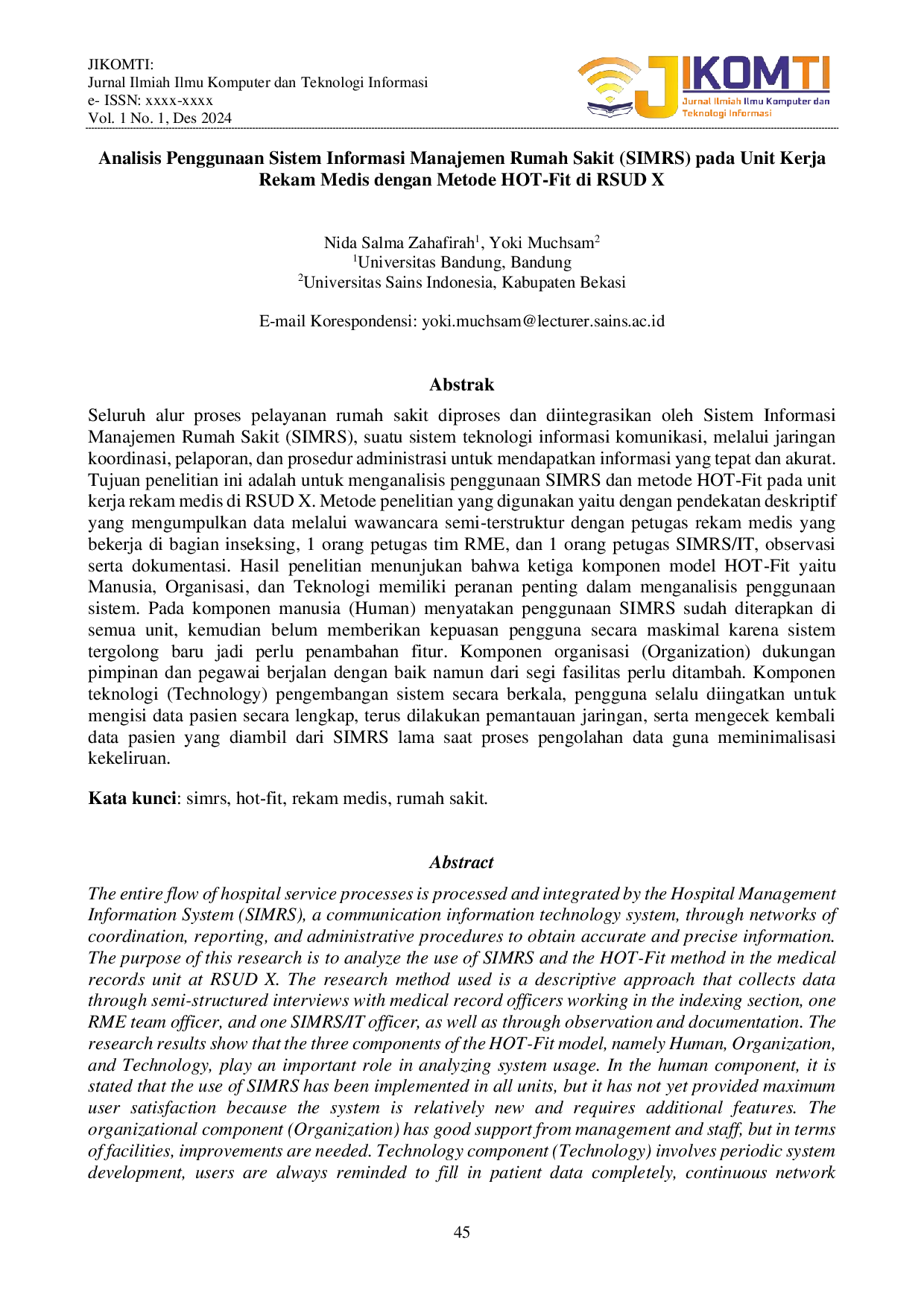 JURIS Analisis Penggunaan Sistem Informasi Manajemen Rumah Sakit SIMRS pada Unit Kerja Rekam Medis dengan Metode HOT Fit di RSUD X