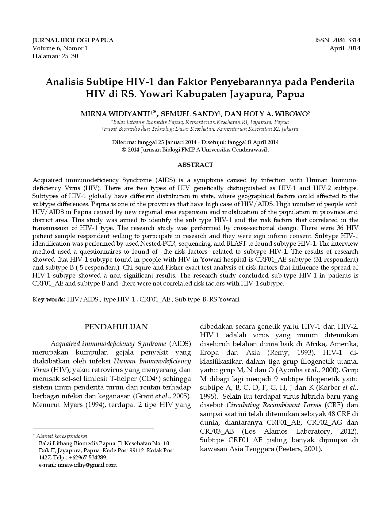 juris Analisis Subtipe HIV 1 dan Faktor Penyebarannya pada Penderita HIV di RS Yowari Kabupaten Jayapura Papua