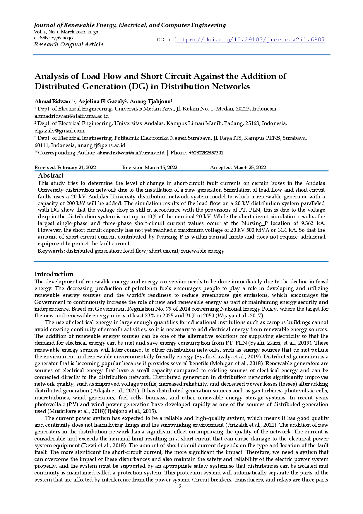 juris Analysis of Load Flow and Short Circuit Against the Addition of Distributed Generation DG in Distribution Networks