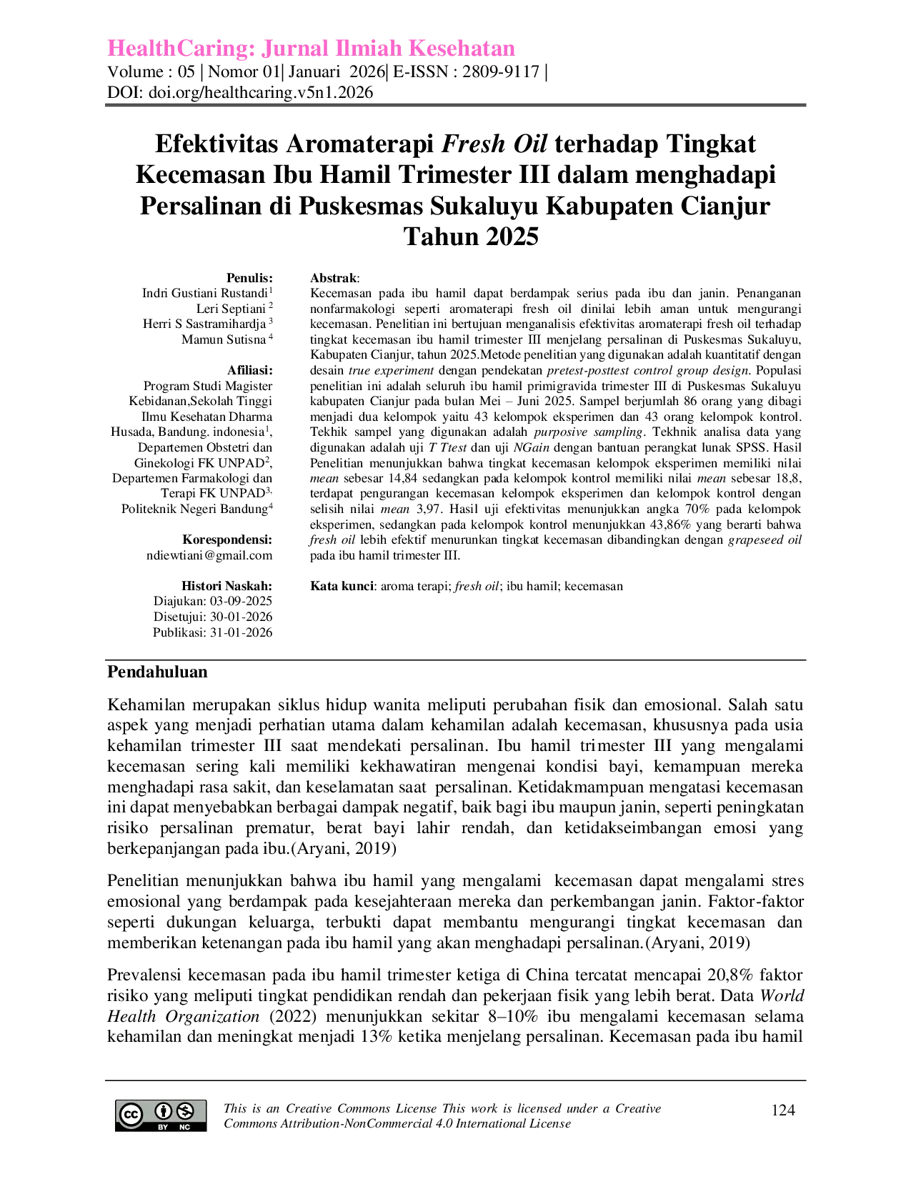 JURIS Efektivitas Aromaterapi Fresh Oil terhadap Tingkat Kecemasan Ibu Hamil Trimester III dalam menghadapi Persalinan di Puskesmas Sukaluyu Kabupaten Cianjur Tahun 2025