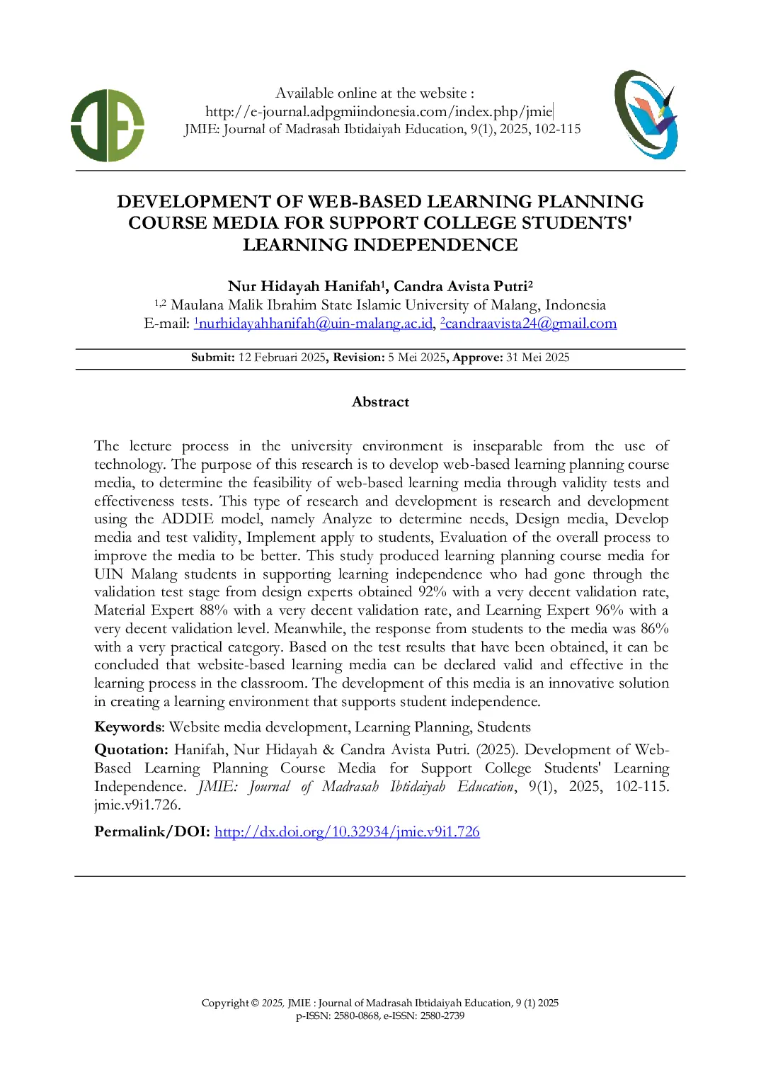 JURIS Development of Web Based Learning Planning Course Media for Support College Students Learning Independence