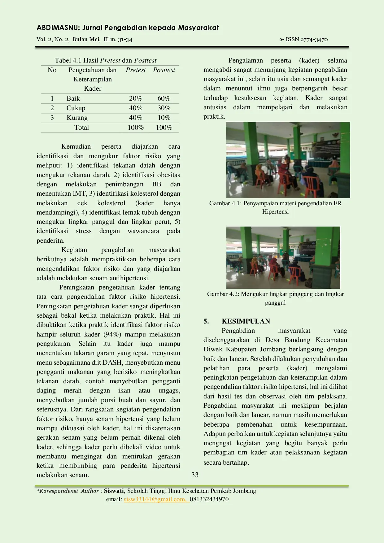 JURIS Pelatihan Pengendalian Faktor Risiko Hipertensi Pada Kader Di Desa Bandung Kecamatan Diwek Kabupaten Jombang