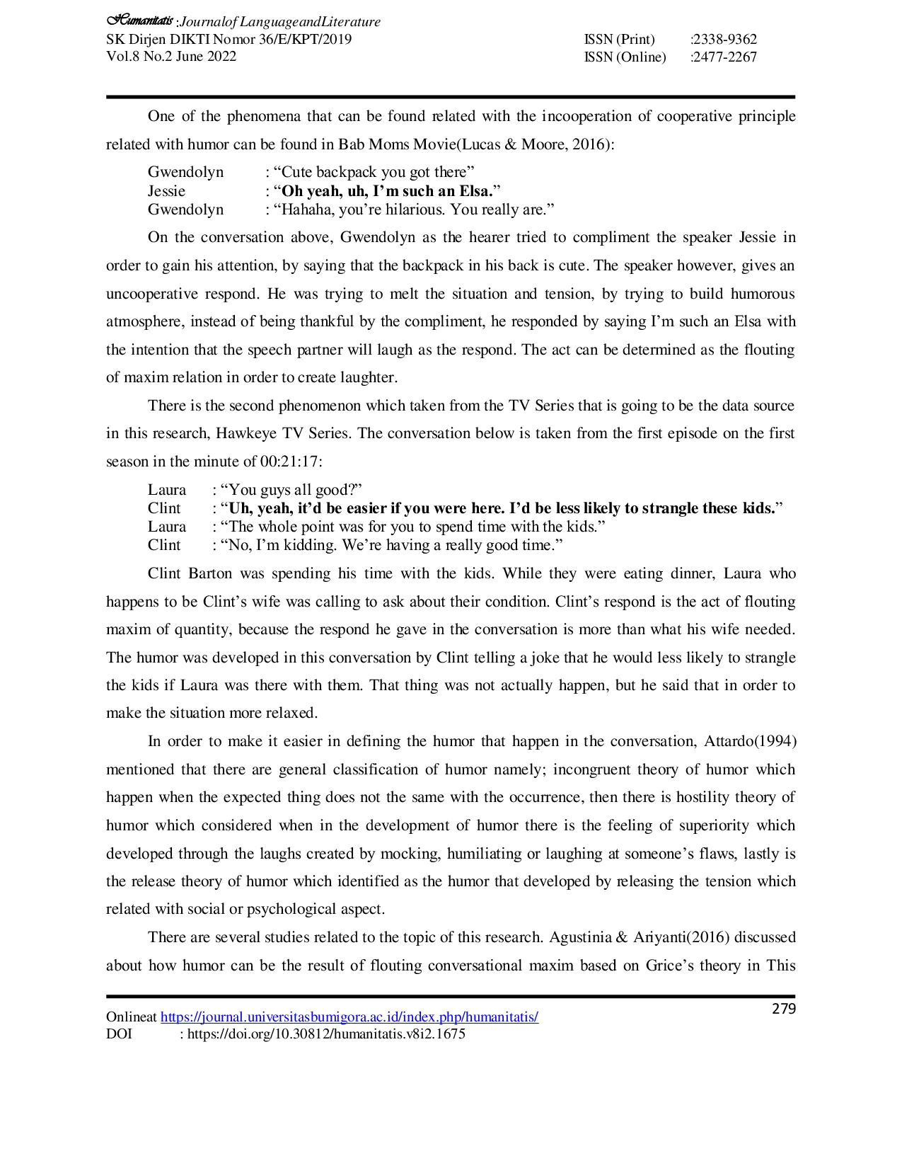 JURIS The Humor Formed by Flouting the Maxim in Hawkeye TV Series Pragmatics Approach