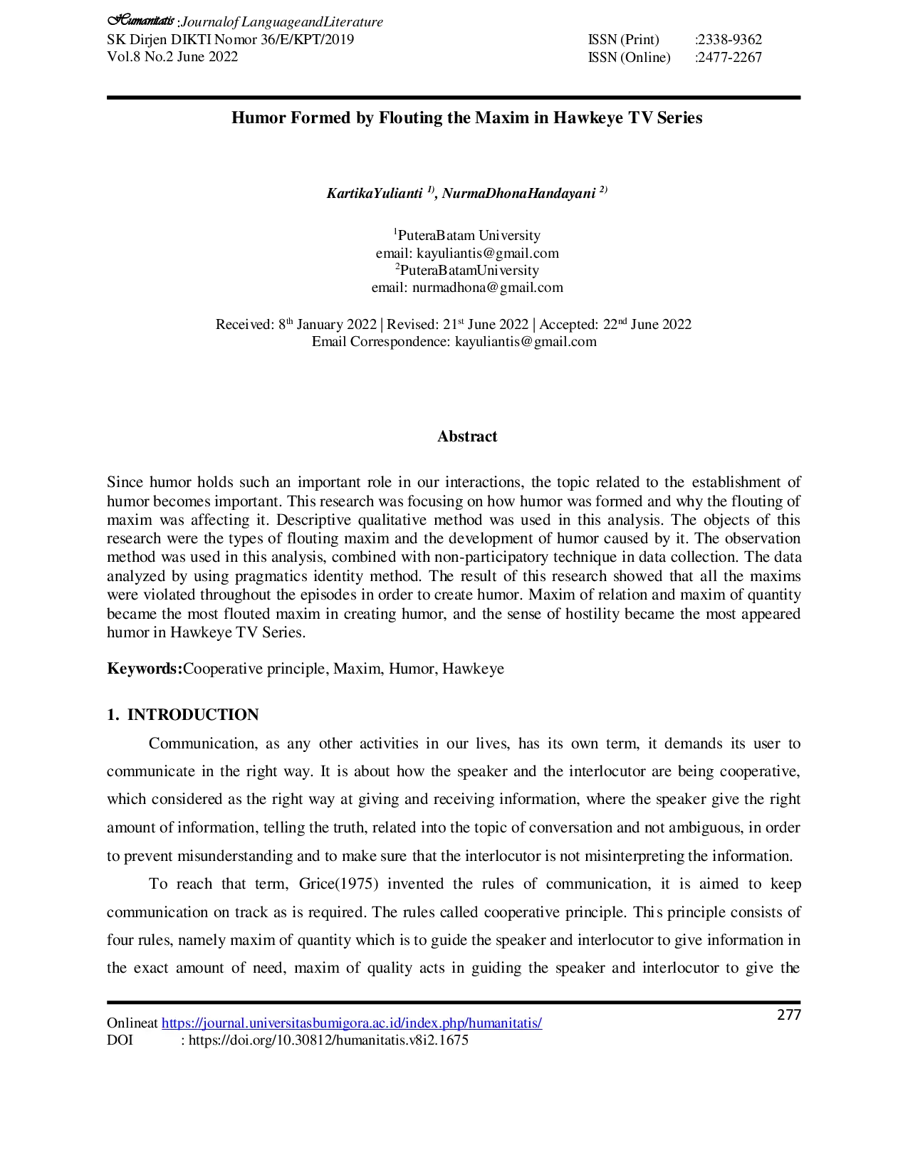 JURIS The Humor Formed by Flouting the Maxim in Hawkeye TV Series Pragmatics Approach