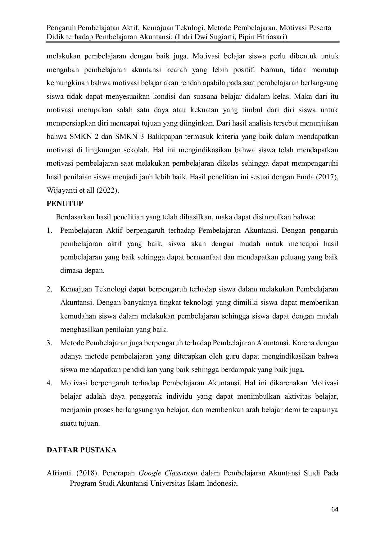 JURIS Pengaruh Pembelajaran Aktif Kemajuan Teknologi Metode Pembelajaran Motivasi Peserta Didik Terhadap Pembelajaran Akuntansi