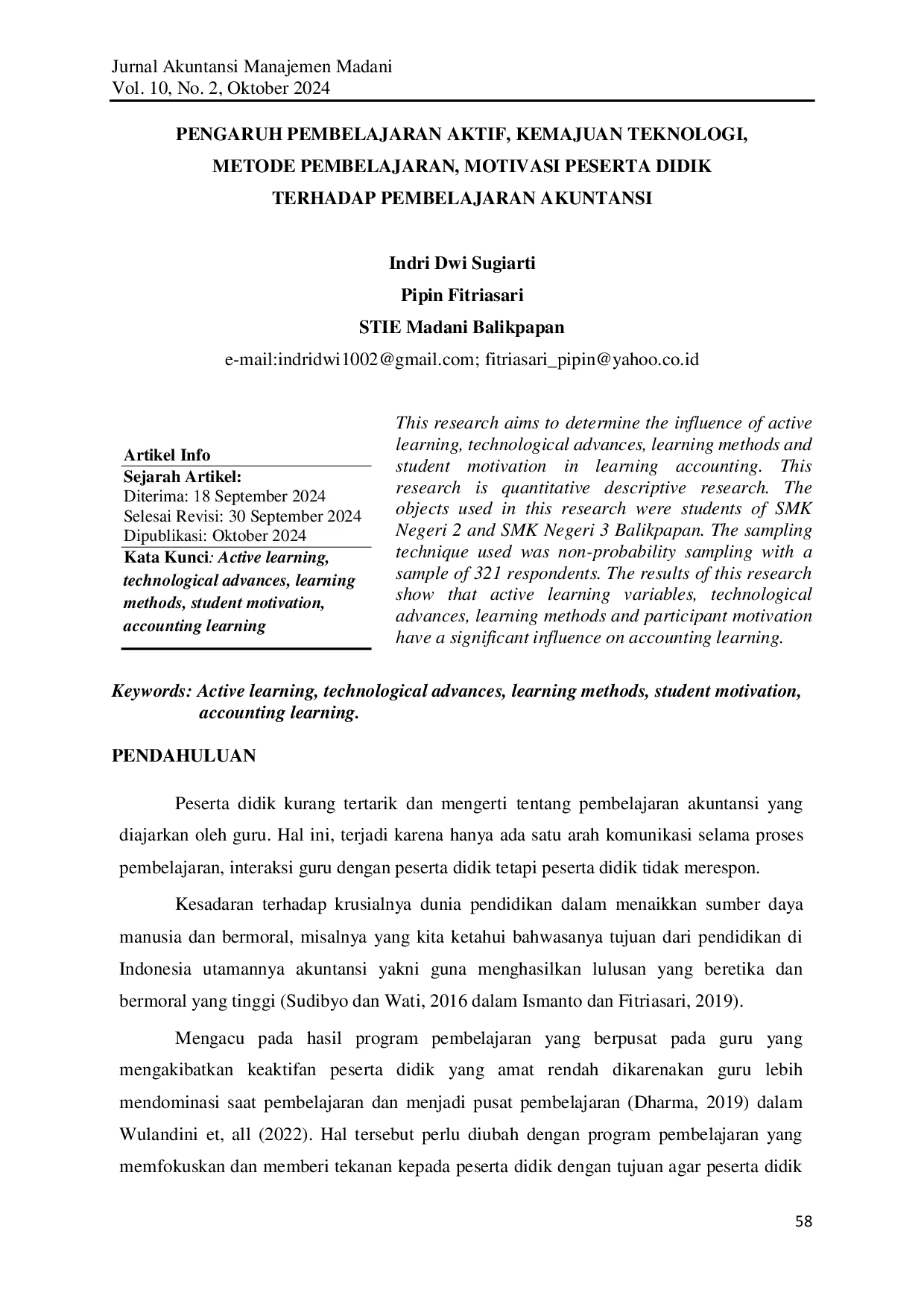 JURIS Pengaruh Pembelajaran Aktif Kemajuan Teknologi Metode Pembelajaran Motivasi Peserta Didik Terhadap Pembelajaran Akuntansi