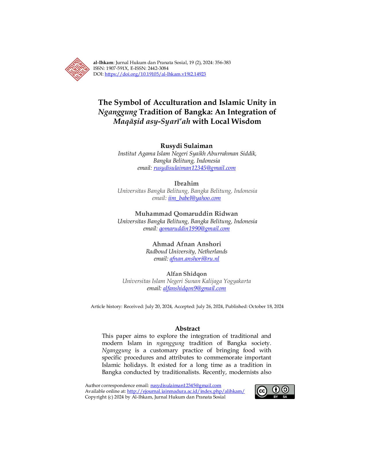 JURIS The Symbol of Acculturation and Islamic Unity in Nganggung Tradition of Bangka An Integration of MaqAid asy Syar ah with Local Wisdom