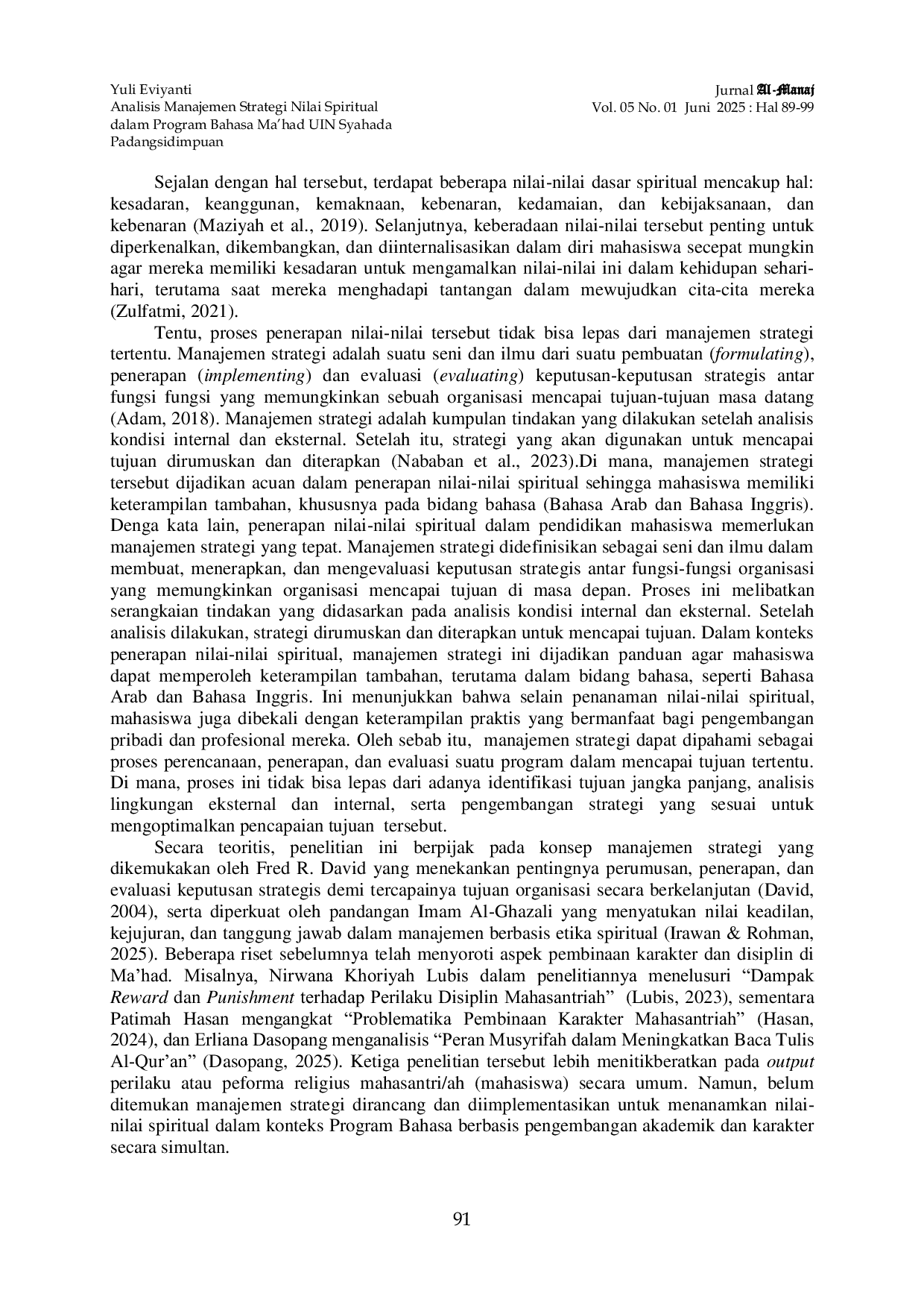 JURIS Analisis Manajemen Strategi Nilai Spiritual dalam Program Bahasa Ma had UIN Syahada Padangsidimpuan