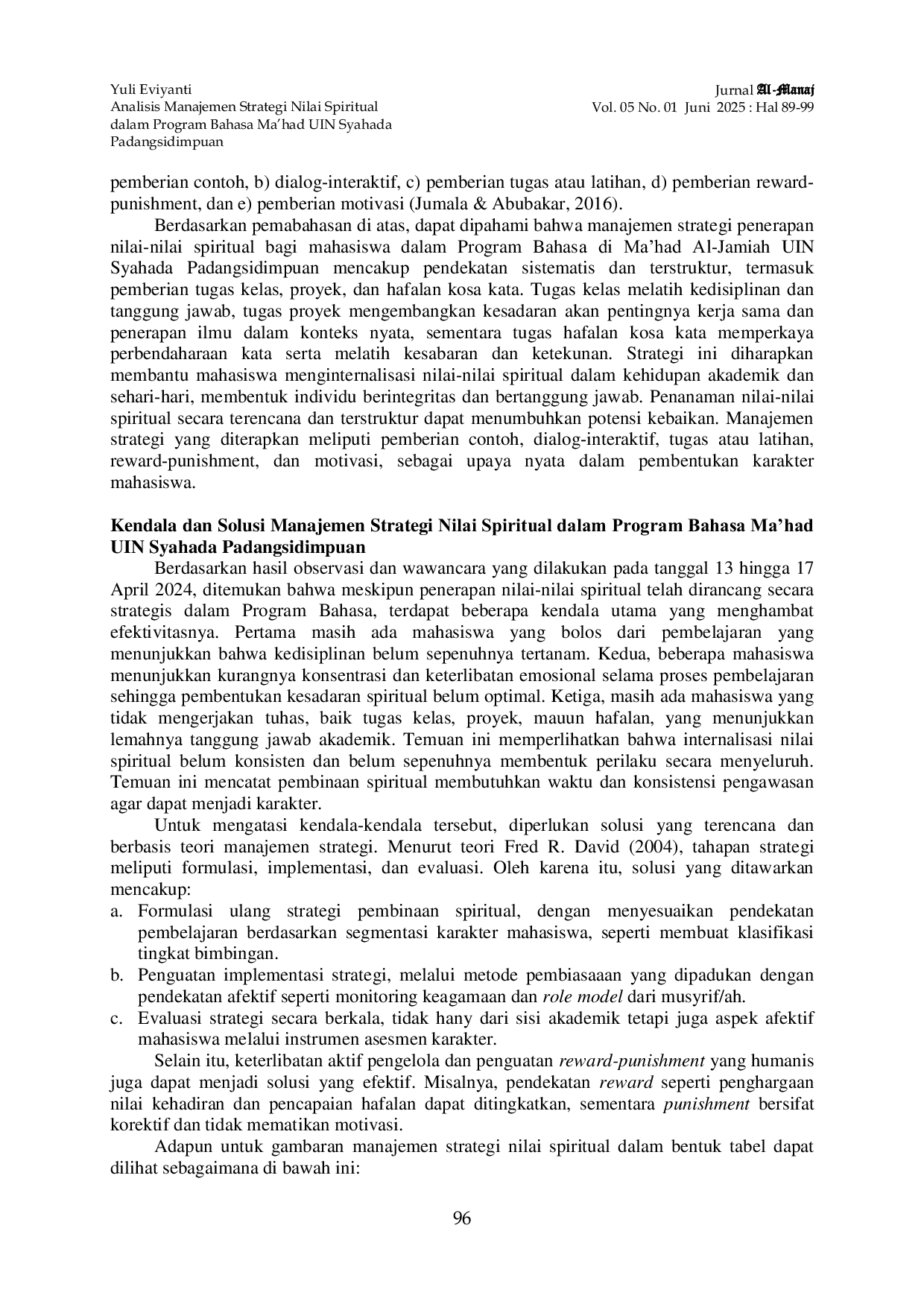 JURIS Analisis Manajemen Strategi Nilai Spiritual dalam Program Bahasa Ma had UIN Syahada Padangsidimpuan