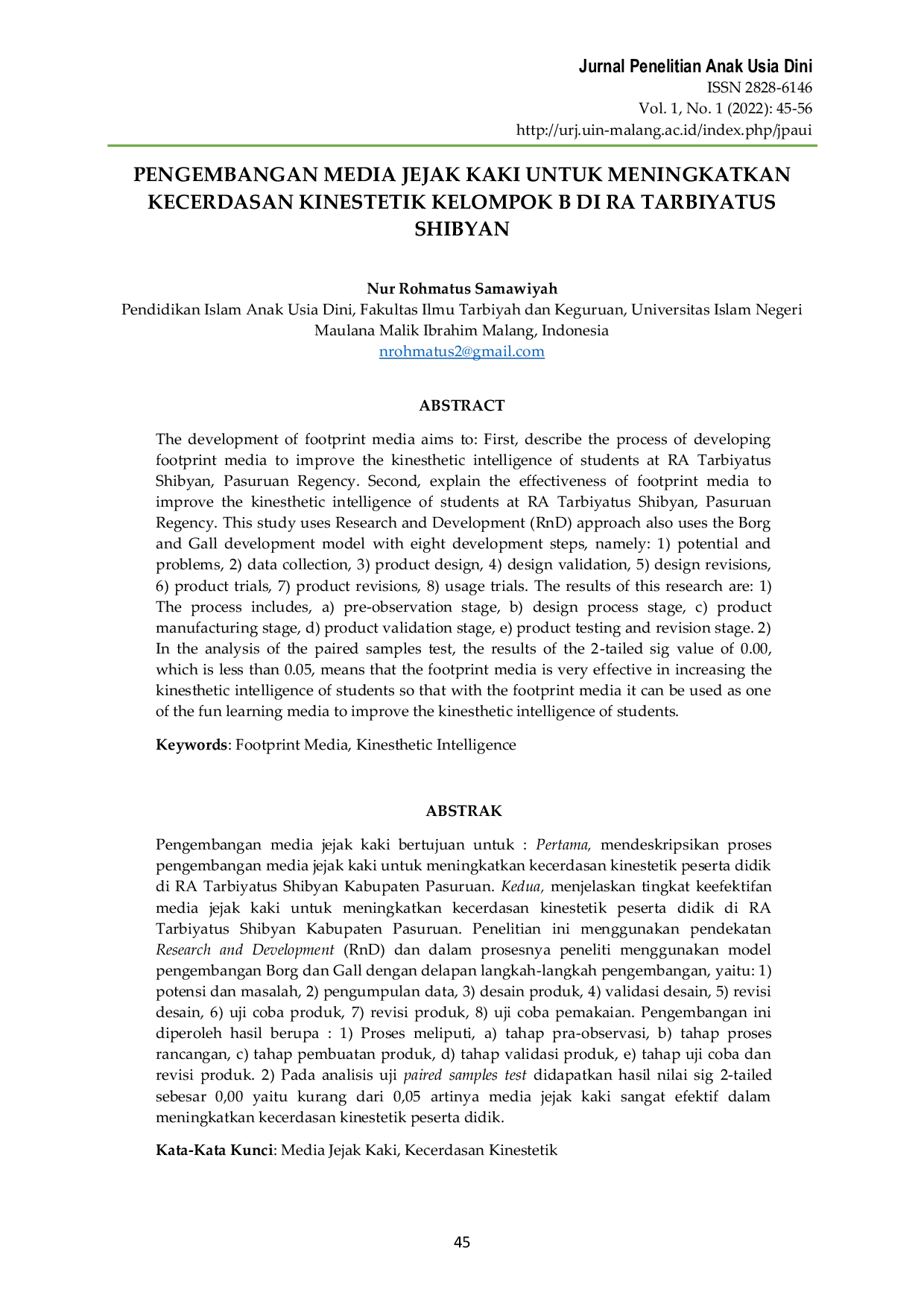 JURIS Pengembangan Media Jejak Kaki untuk Meningkatkan Kecerdasan Kinestetik