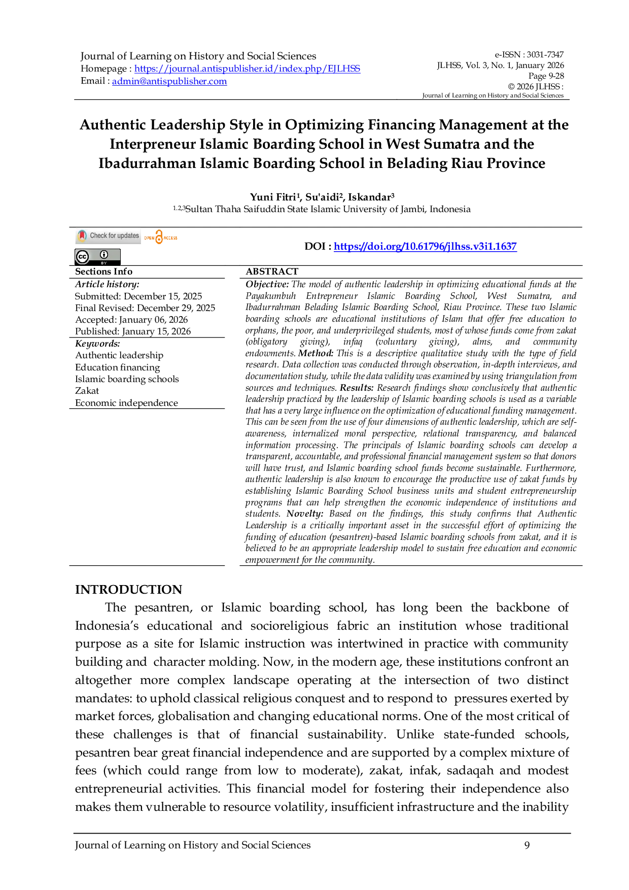 JURIS Authentic Leadership Style in Optimizing Financing Management at the Interpreneur Islamic Boarding School in West Sumatra and the Ibadurrahman Islamic Boarding School in Belading Riau Province